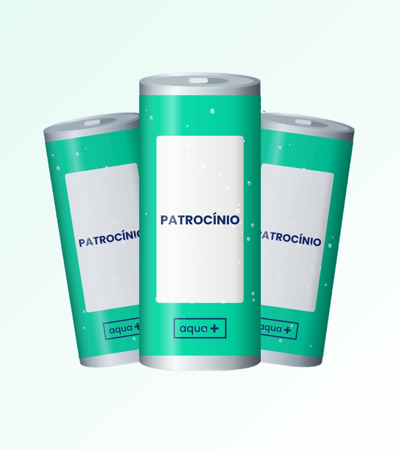 Três garrafas Aqua+ verde-água com o painel do patrocínio e o selo aqua+